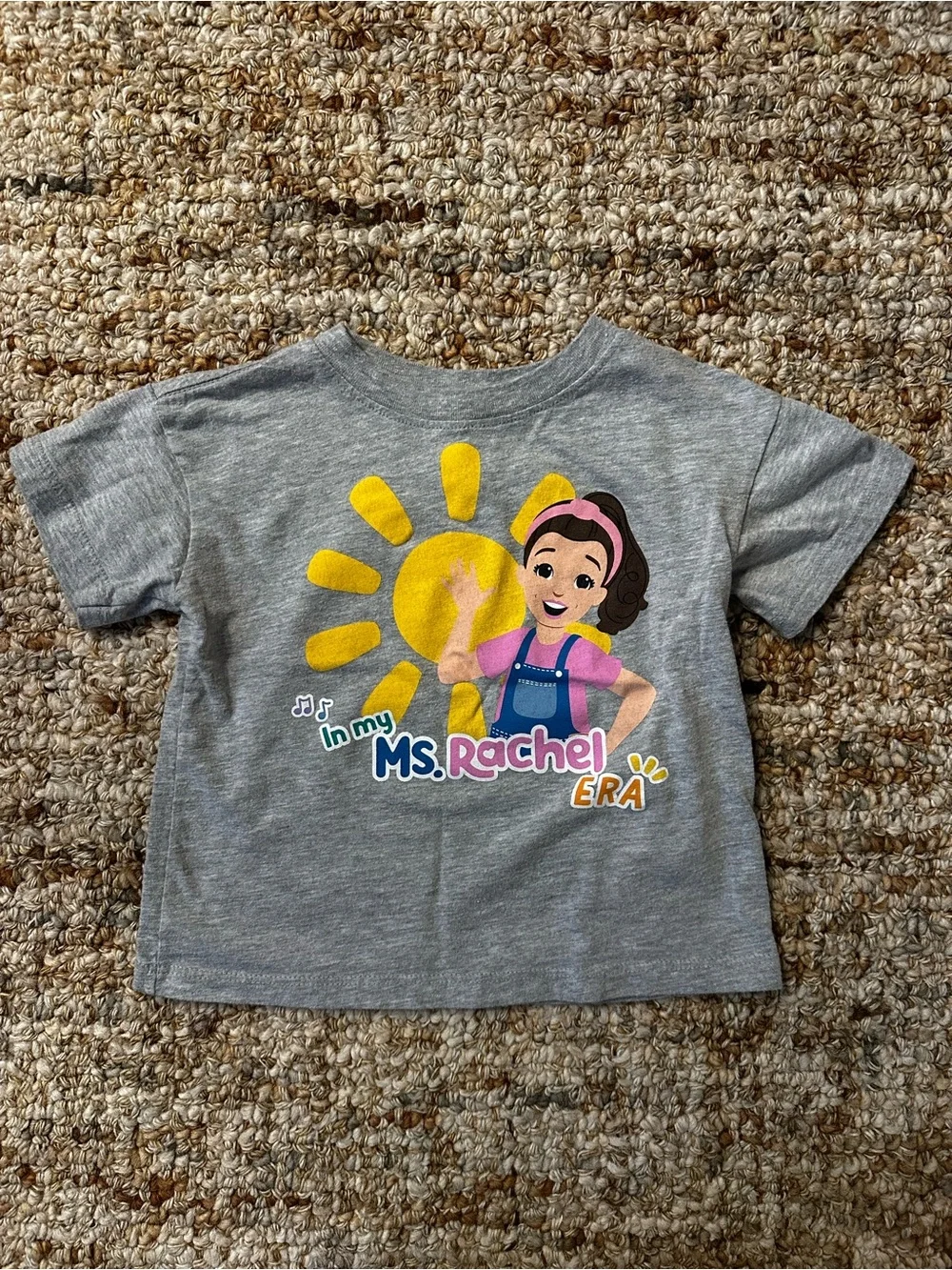 Ms. Rachel Gray Kids Tee with Yellow Sun and Colorful Graphic
